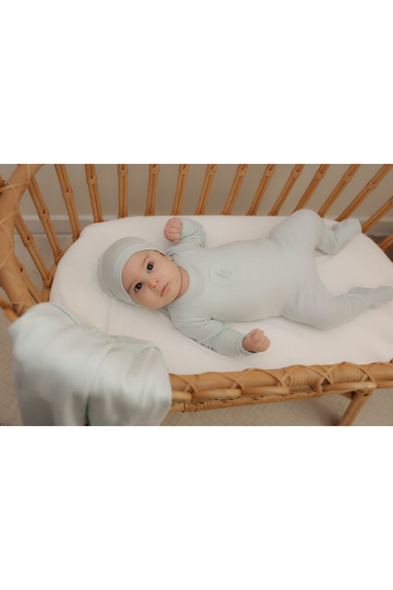 Soft Modal Rib Scalloped Binding Embossed Romper, Hat And Blanket Set, Alternate, color, Misty Blue