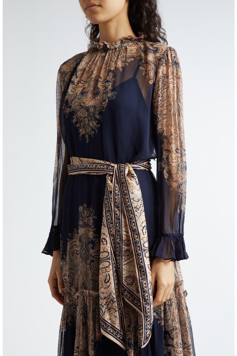 Natura Floral Paisley Belted Long Sleeve Midi Dress, Alternate, color, NAVY PAISLEY