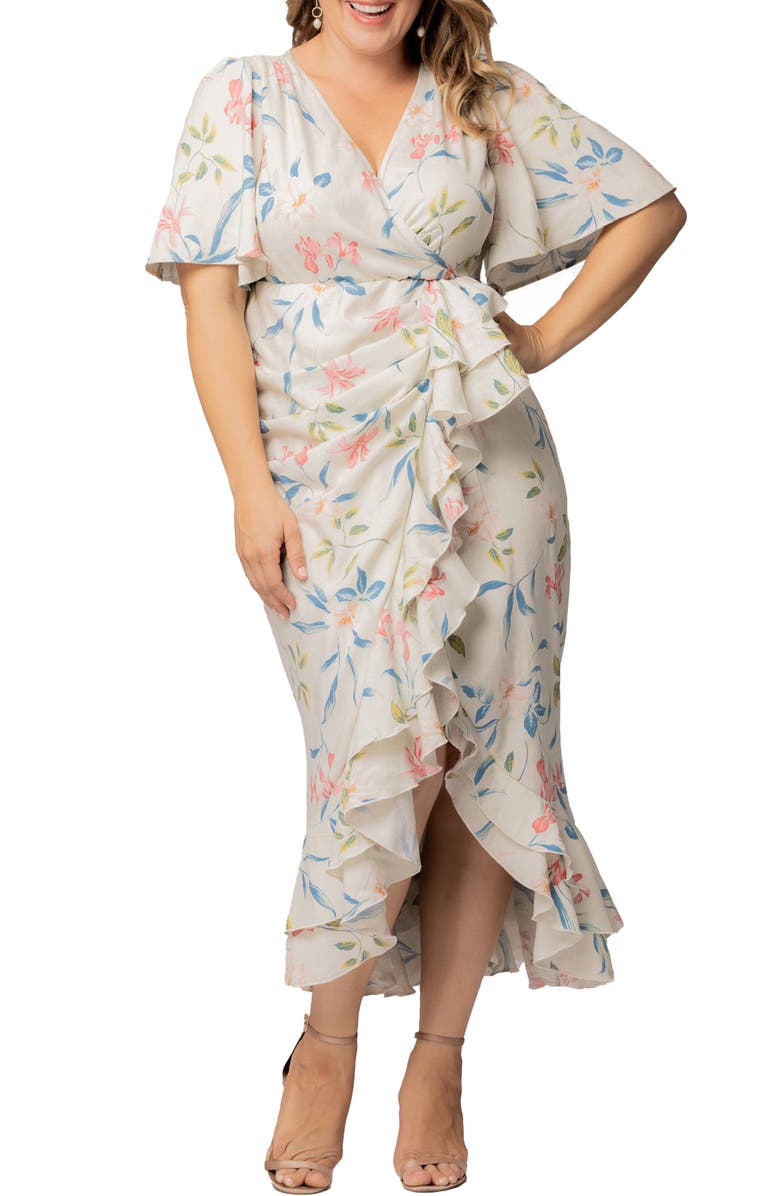 Kiyonna Alexandra Floral Print Ruffle Wrap Front Maxi Dress, Main, color, Lush Lily Print