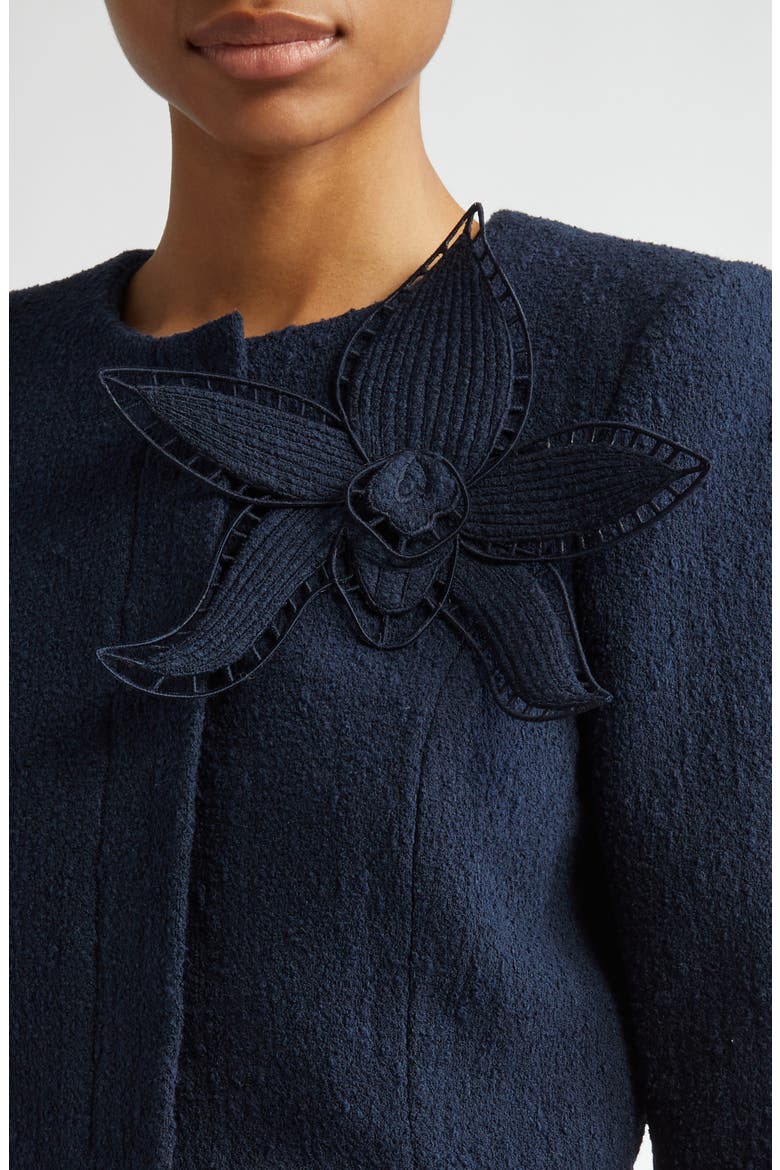 Orchid Appliqué Tweed Peplum Jacket, Alternate, color, NAVY