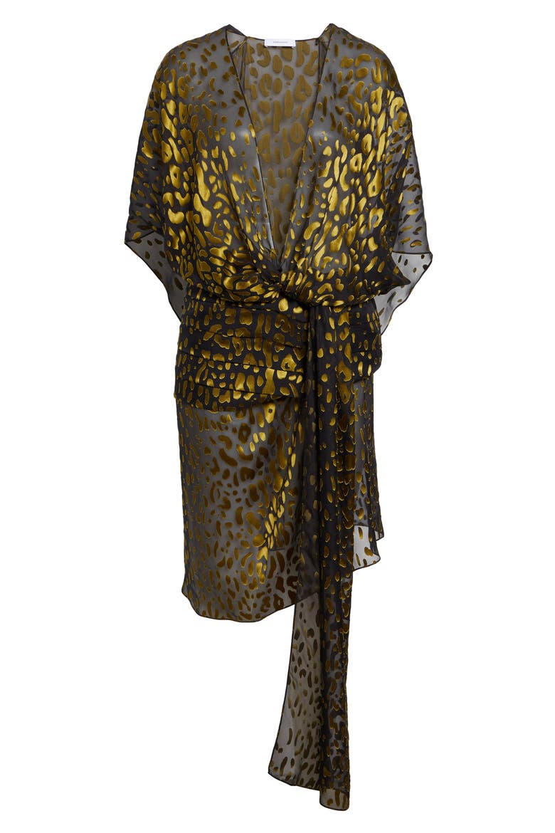 Plunge Neck Belted Devoré Silk Blend Georgette Dress, Alternate, color, EXPRESSO/ BRASSWOOD
