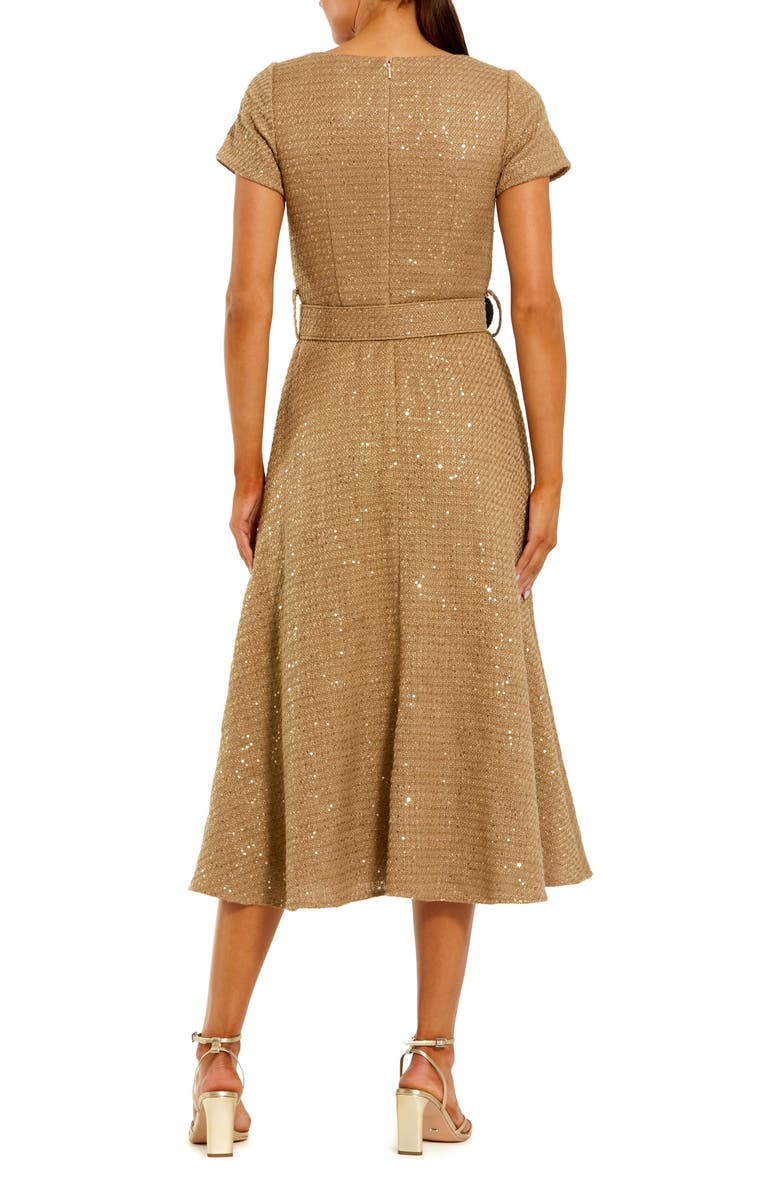 Mac Duggal Boucle Cap Sleeve High Neck Button Up Midi Dress, Alternate, color, Toffee