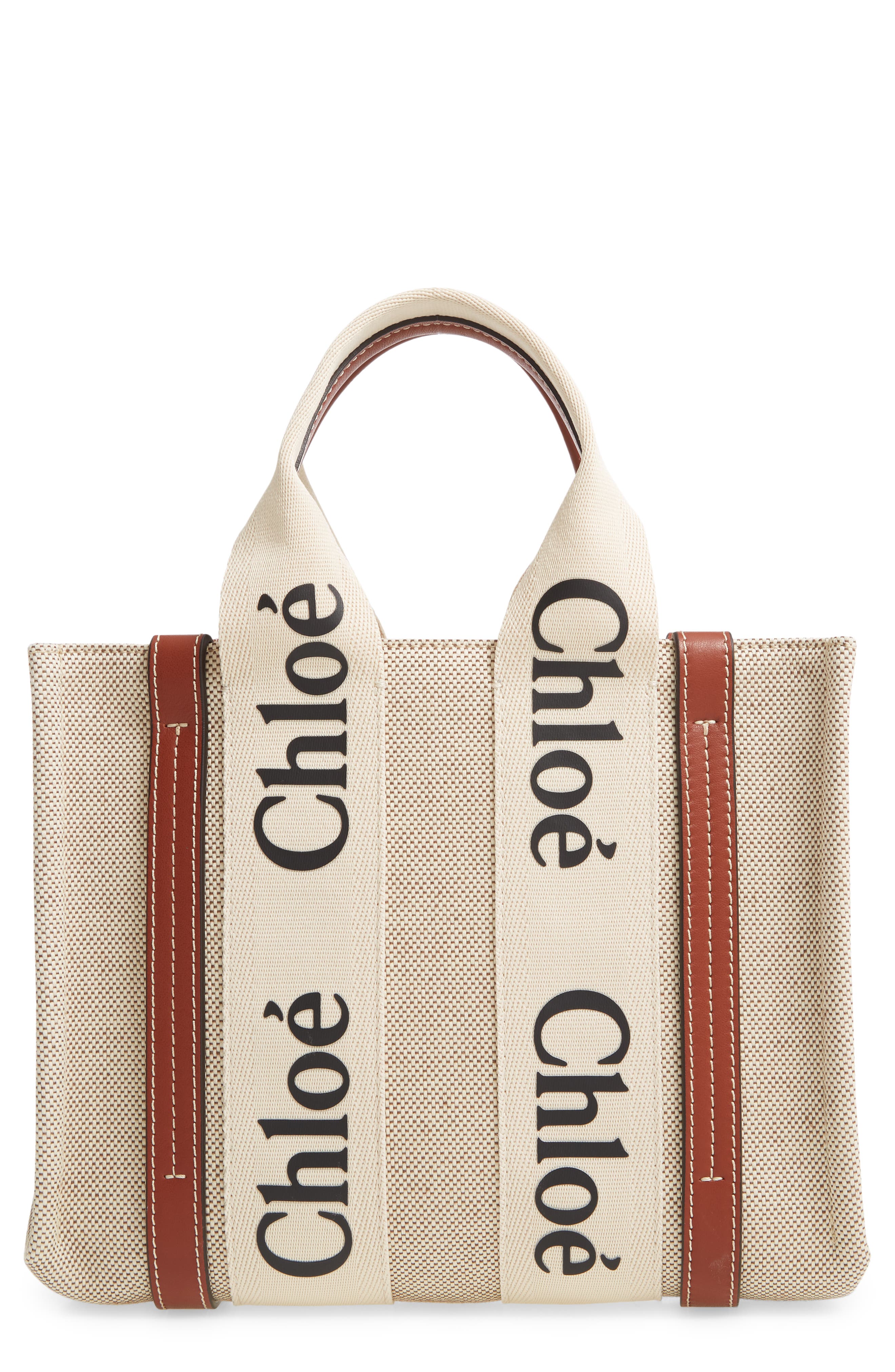 Mini Woody Logo Strap Canvas Tote, Main, color, WHITE-BROWN