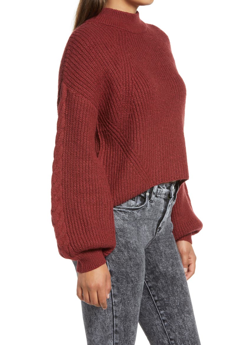 Cable Knit Balloon Sleeve Sweater, Alternate, color, RED POMEGRANATE