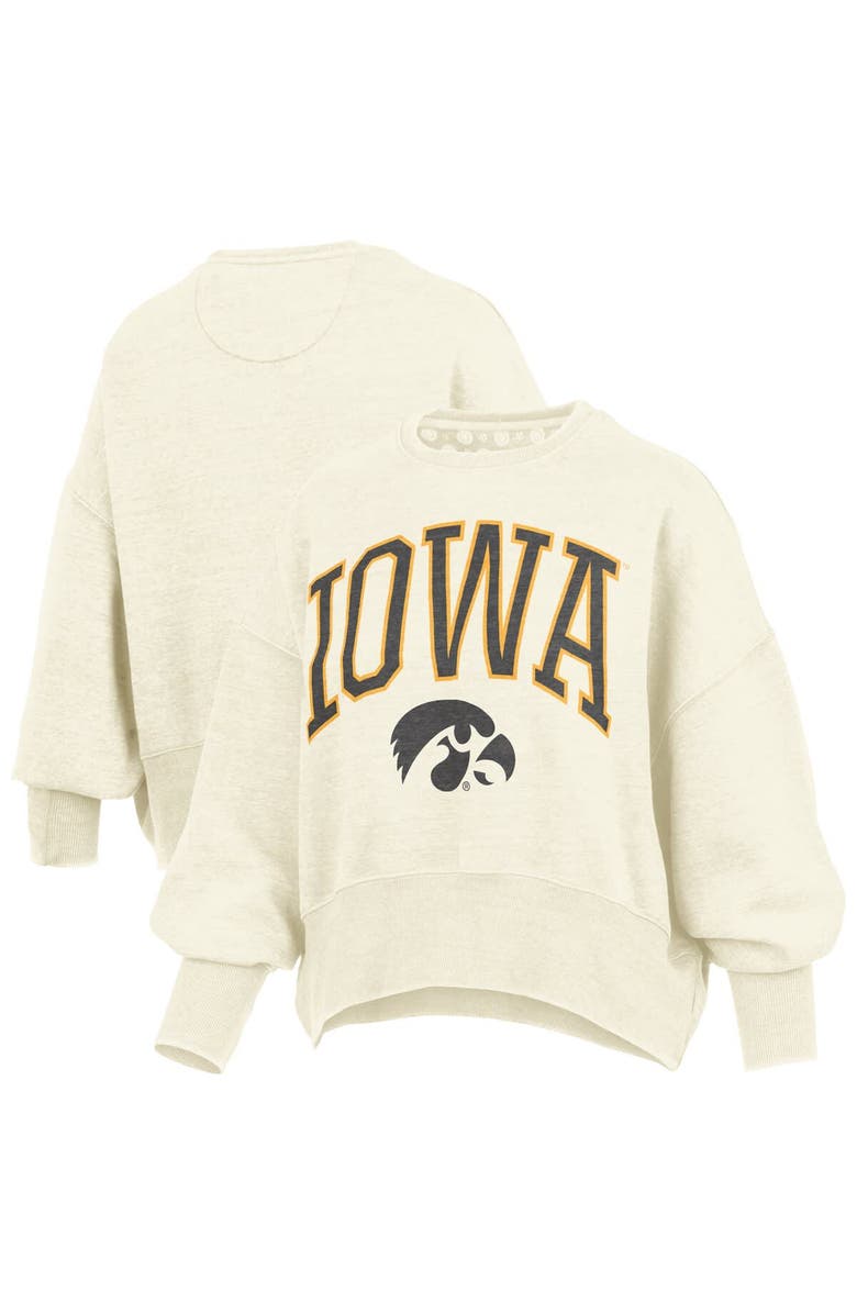 PRESSBOX Women's Pressbox Natural Iowa Hawkeyes Oversized Waist-Length Crewneck Sweatshirt, Main, color,