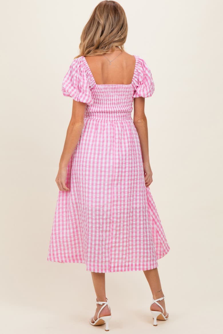 Gingham Puff Sleeve Midi Dress, Alternate, color, Pink