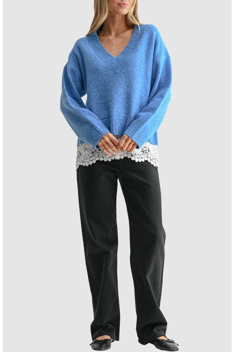 Lace Hem V-Neck Sweater, Alternate, color, CORNFLOWER BLUE