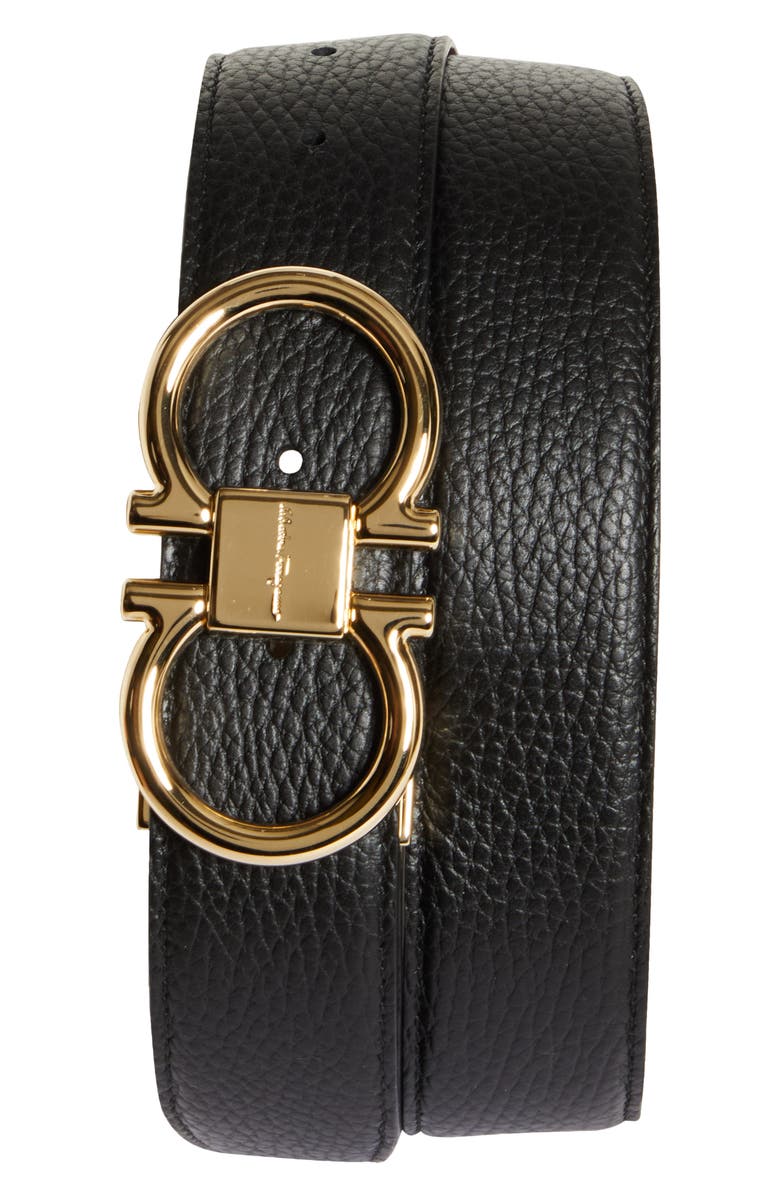 FERRAGAMO Reversible Double Gancini Leather Belt, Main, color, Nero Cocoa Brown