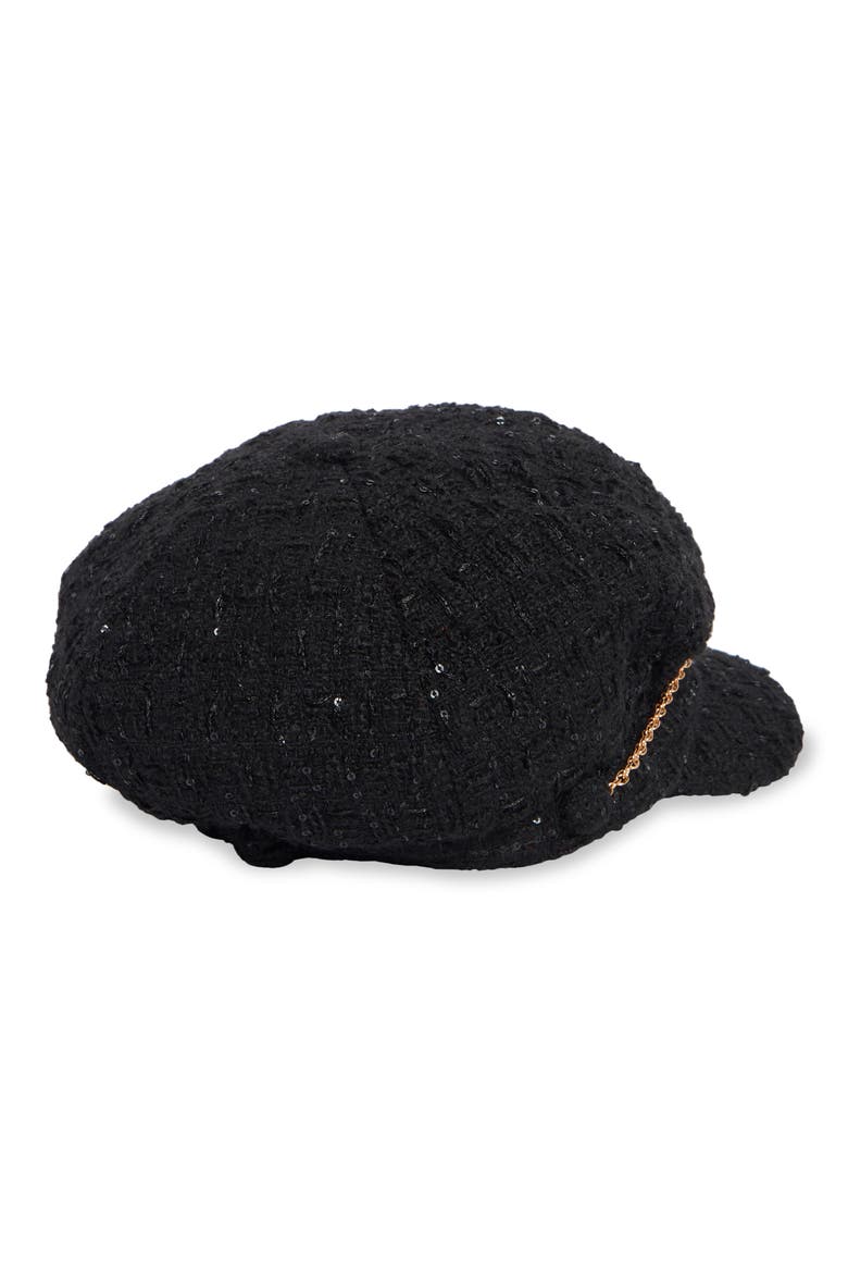 Bouclé Newsboy Cap with Small Chain, Alternate, color, BLACK