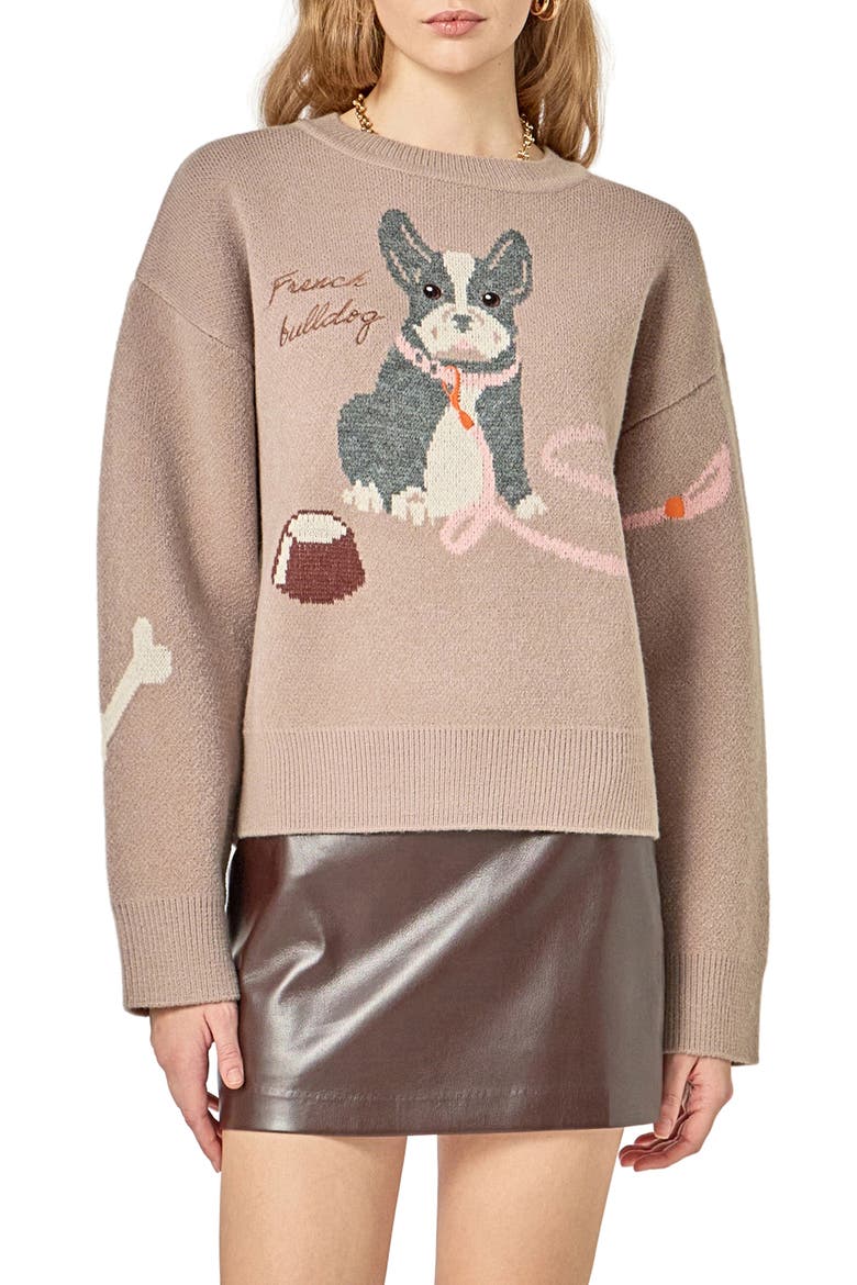 Embroidered French Bulldog Intarsia Sweater, Main, color, TAUPE MULTI
