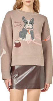 English Factory Embroidered French Bulldog Intarsia Sweater