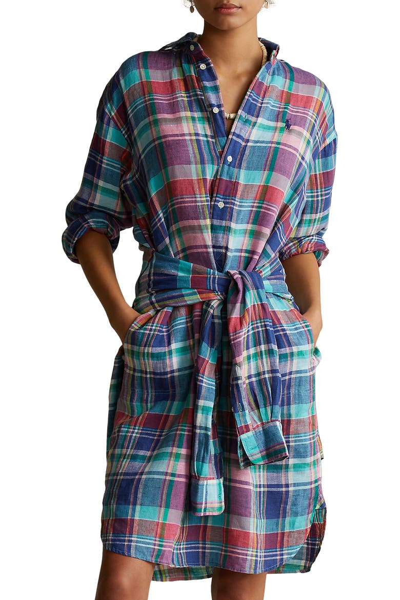 Plaid Long Sleeve Dress, Alternate, color, BLUE/ PINK