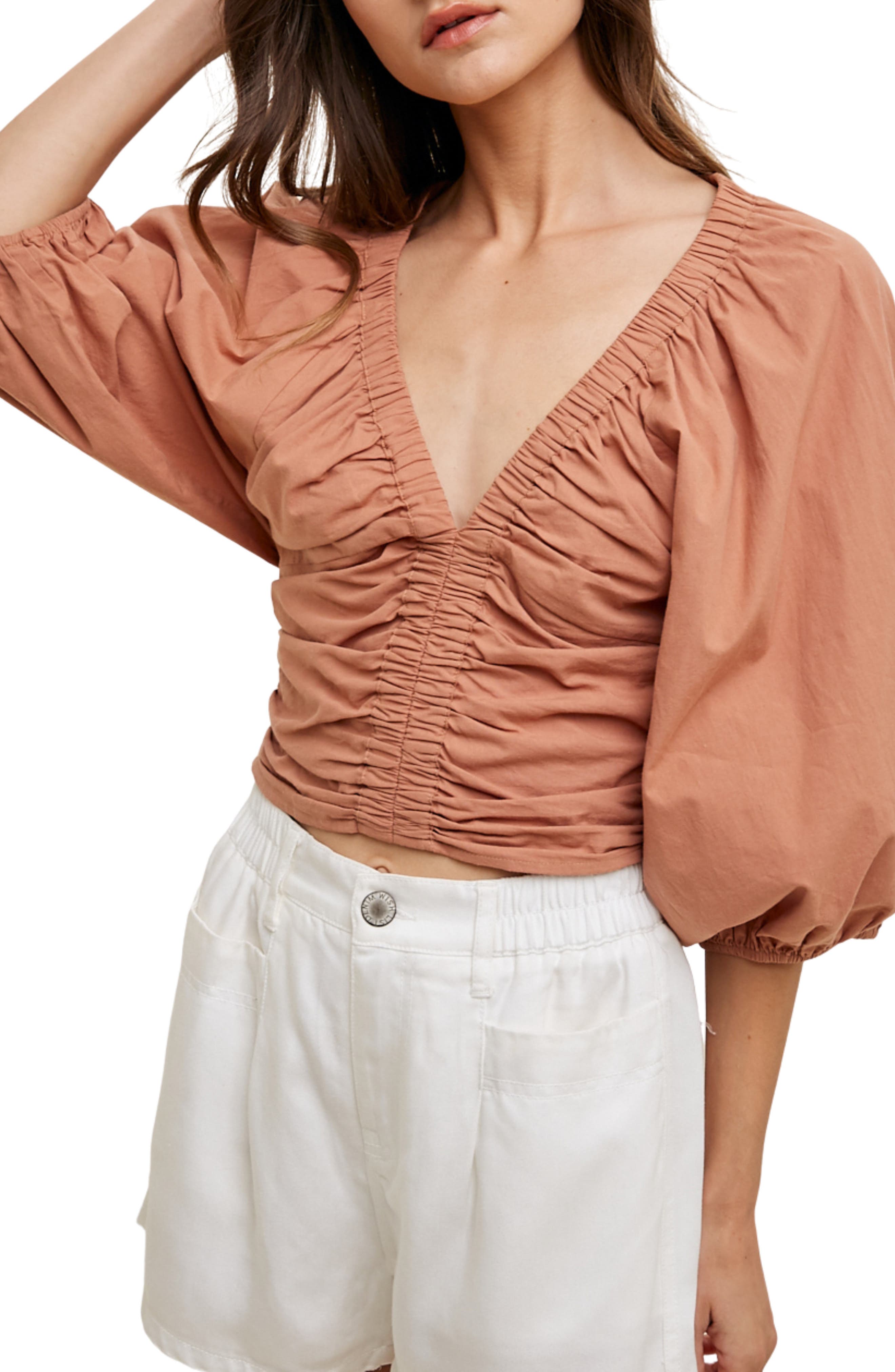 WISHLIST Ruched Puff Sleeve Cotton Top