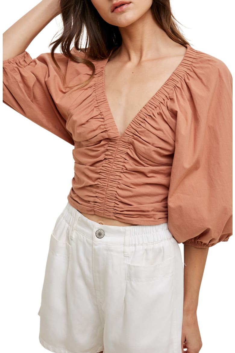 Ruched Puff Sleeve Cotton Top, Main, color, CLAY