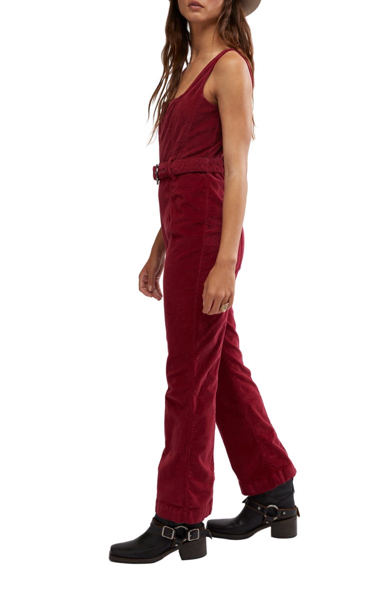 Free People Party Starter Belted Velvet Jumpsuit, Alternate, color, Holly Berry