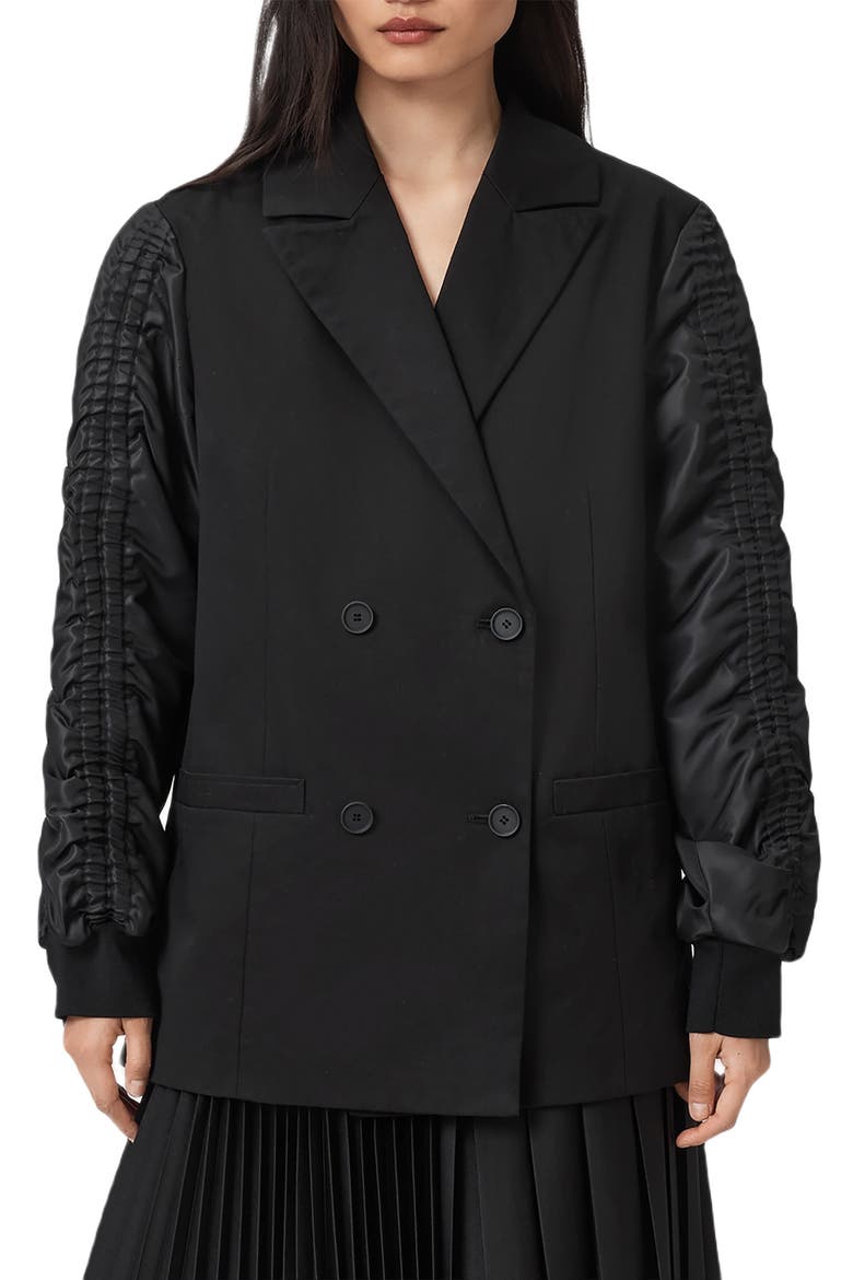 Lorna Ruched Sleeve Cotton Jacket, Main, color, BLACK