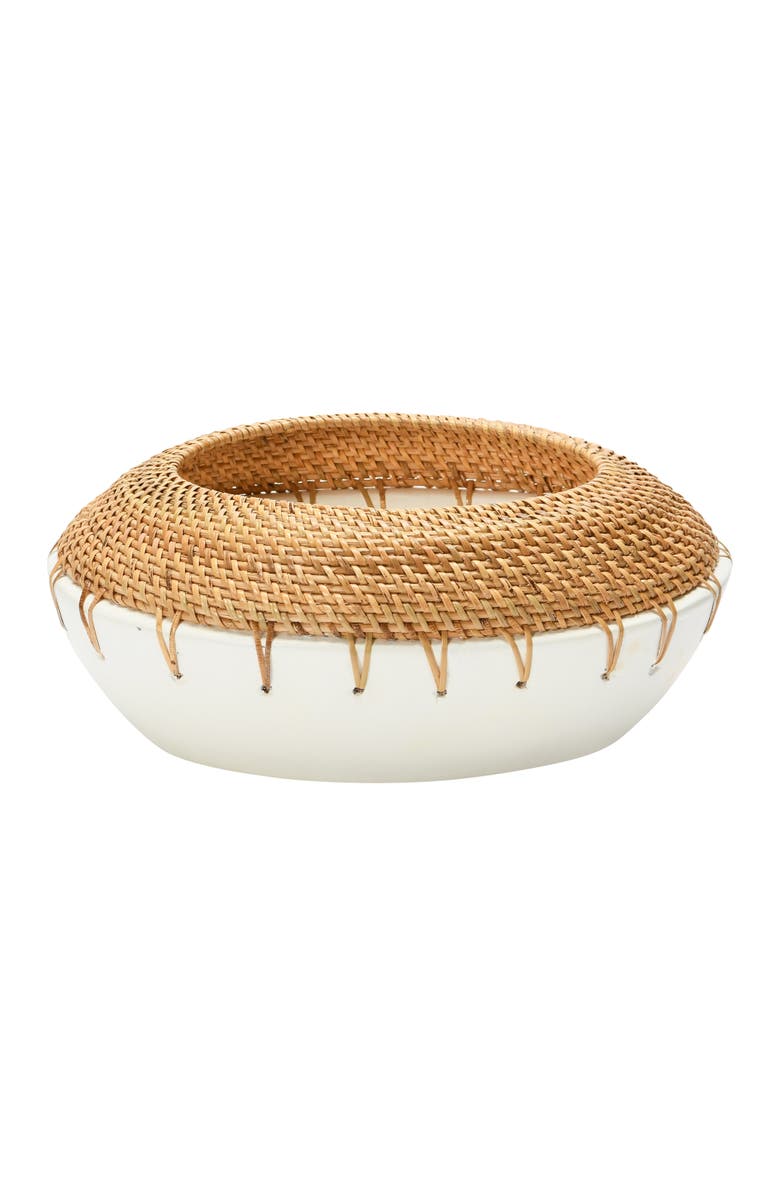 Storied Home Handmade Terra-cotta Planter with Hand-Woven Rattan Stitching, Main, color, White