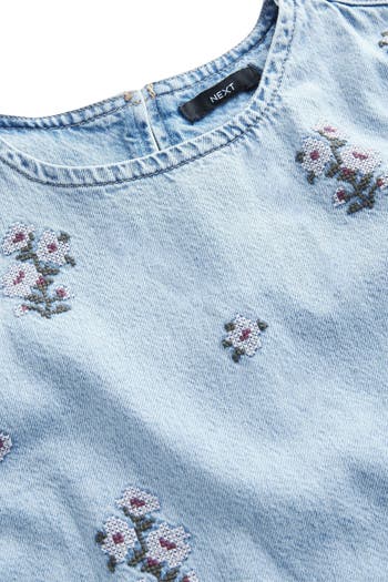 Floral Cross-Stitch Denim Shift Dress