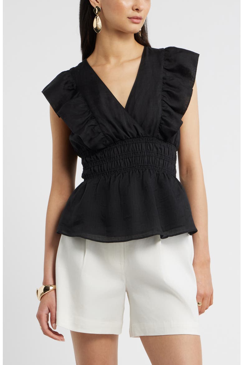 Smocked Waist Flutter Sleeve Peplum Top, Main, color, BLACK