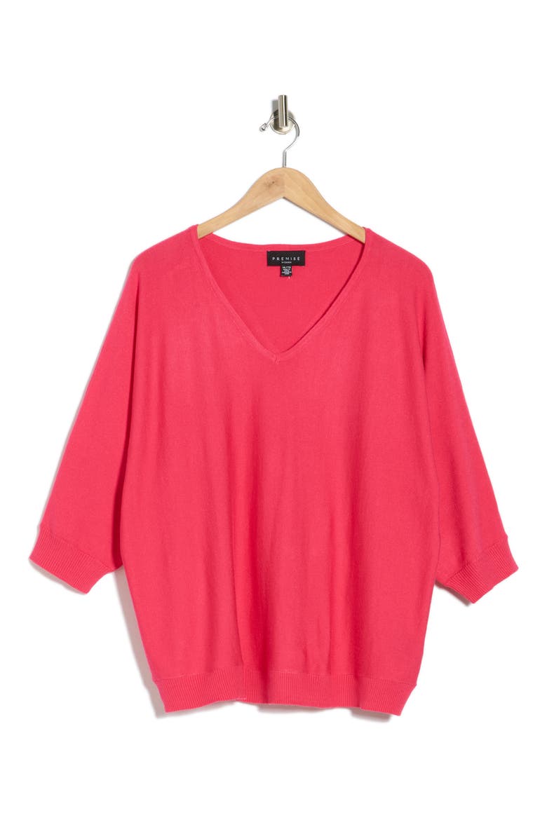 V-Neck Three-Quarter Sleeve Sweater, Alternate, color, BARBIE FUCHSIA