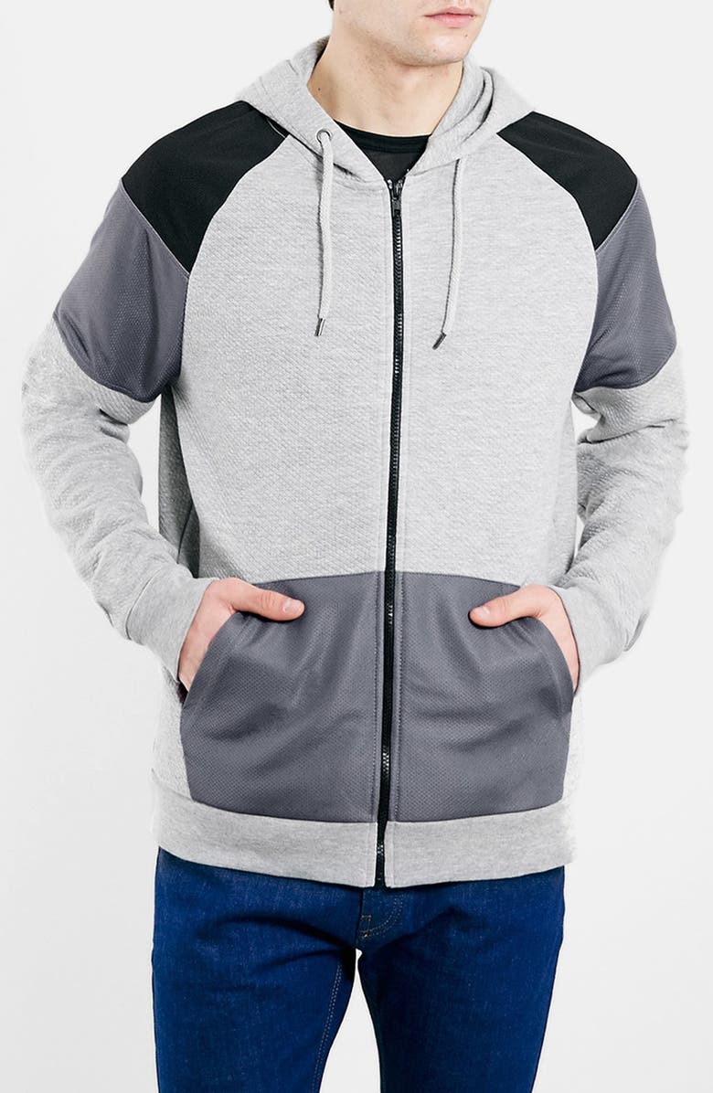 Topman Cut And Sew Colorblock Zip Hoodie, Main, color, 