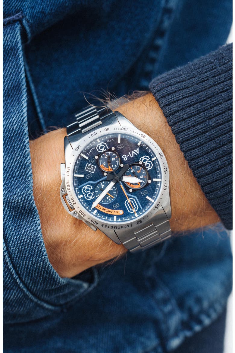 P-51 Mustang Blakeslee Chronograph Bracelet Watch, 43mm, Alternate, color, BLUE/ SILVER