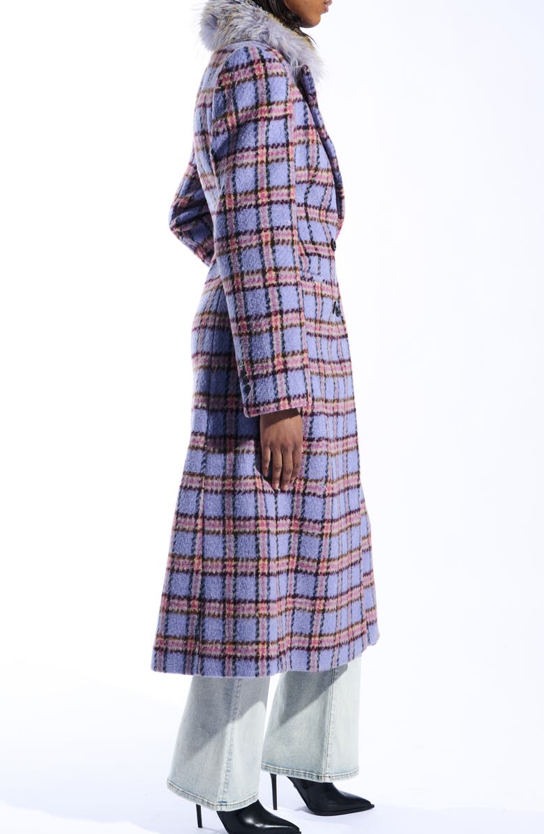 AZALEA WANG Plaid Trench with Faux Fur Collar, Alternate, color, Lavender