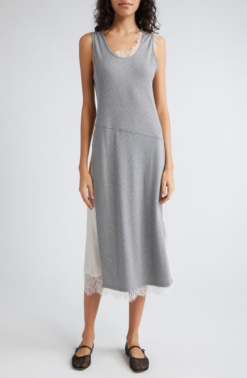 Lace Trim Satin & Rib Midi Tank Dress