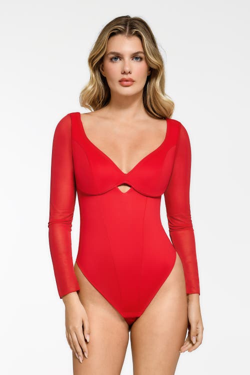 Popilush Shapewear Mesh Sleeve Cutout Sweetheart Sculpting Bodysuit In Watermelon