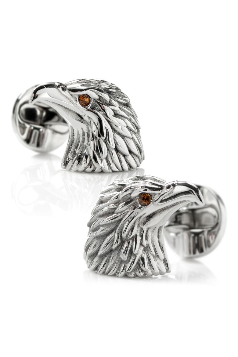 Eagle Head Cuff Links, Main, color, SILVER