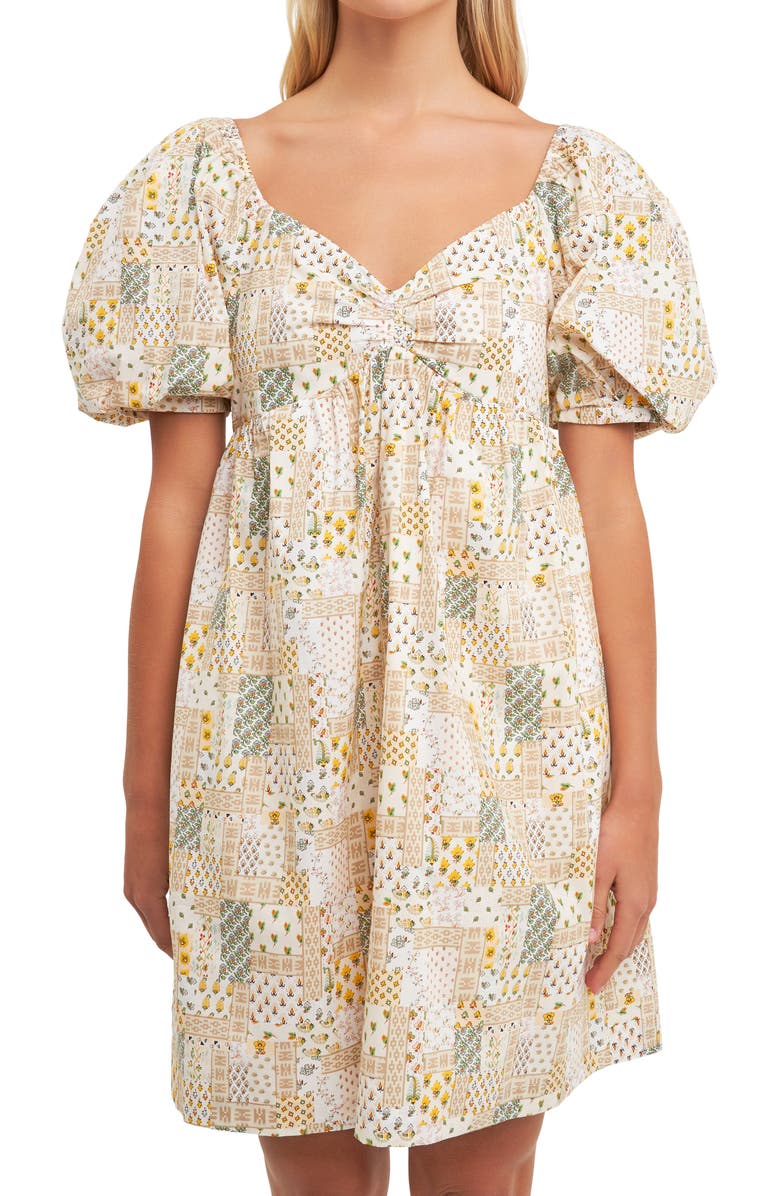 Free the Roses Patchwork Puff Sleeve Babydoll Dress, Alternate, color, Multi