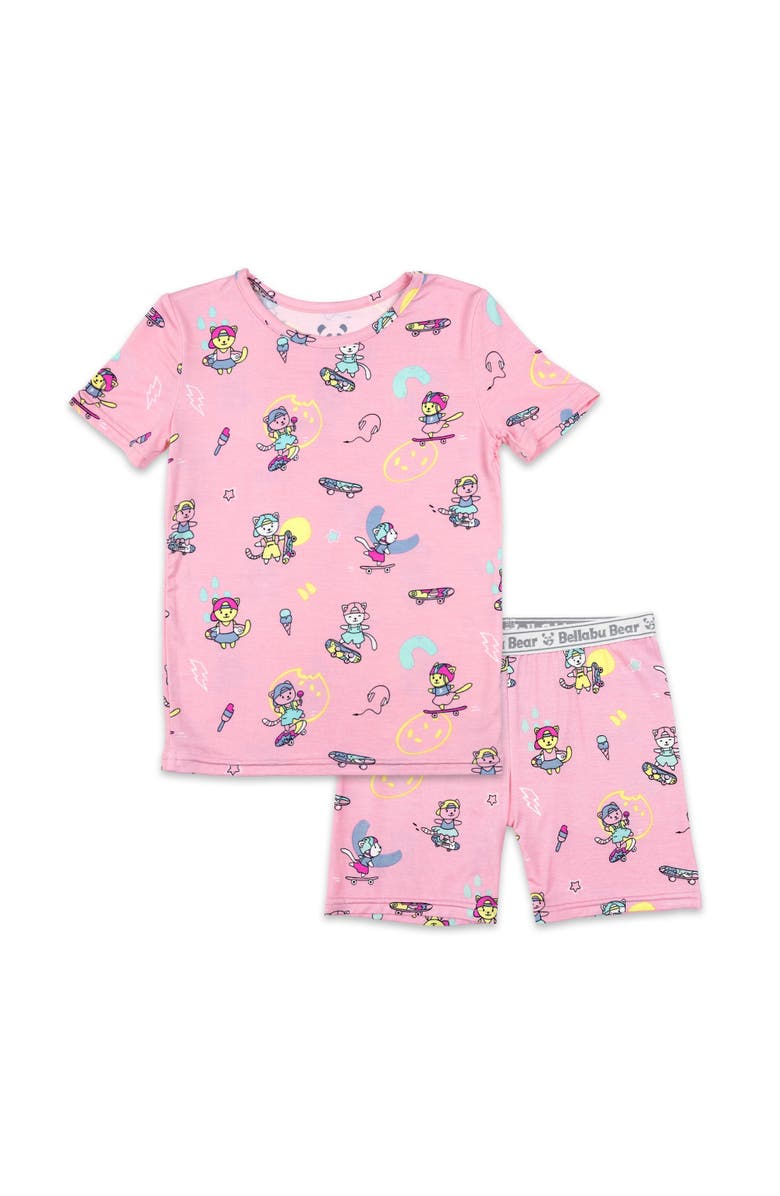 Bellabu Bear Skater Kitty Kids 2-Piece Short Sleeve & Shorts Pajama Set, Main, color, Skater Kitty