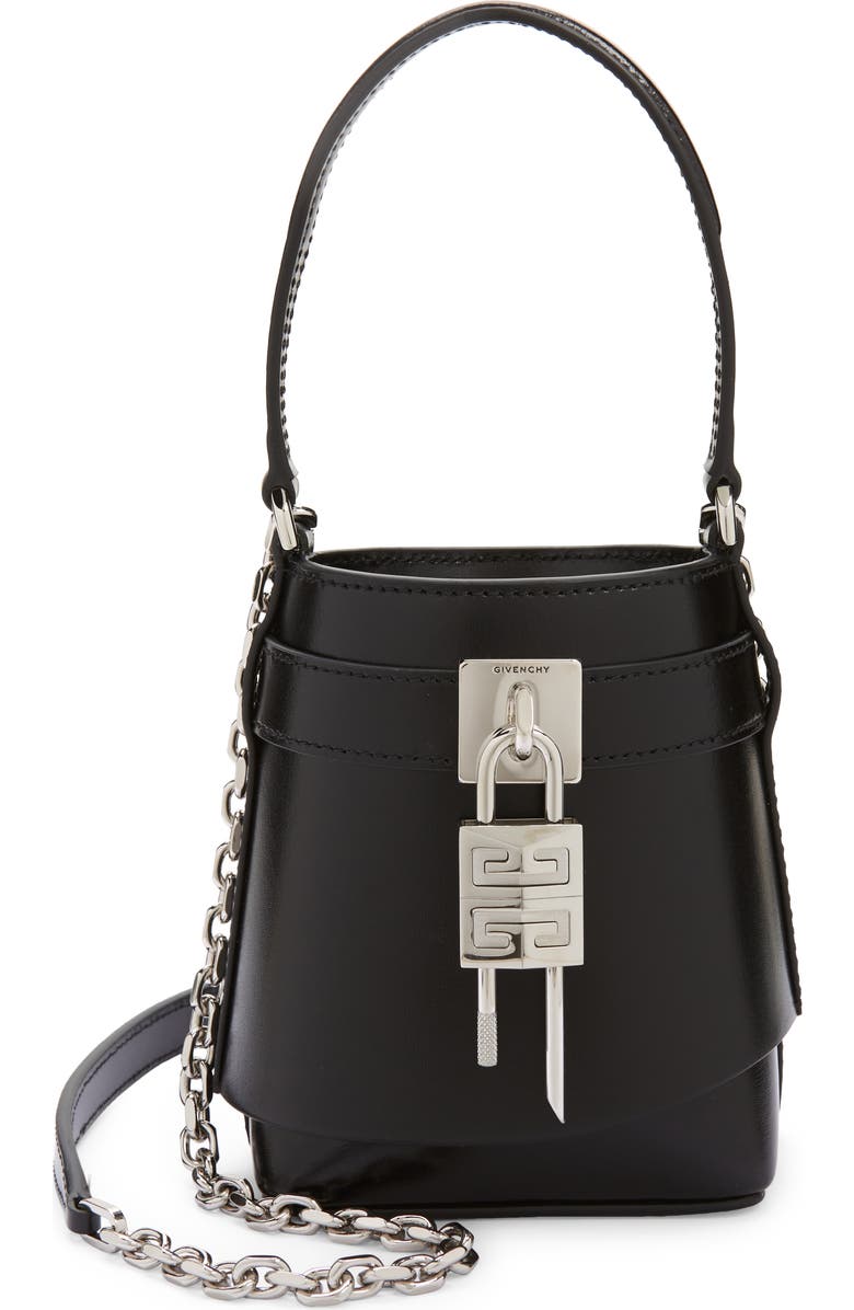 Givenchy Micro Shark Lock Leather Bucket Bag, Main, color,
