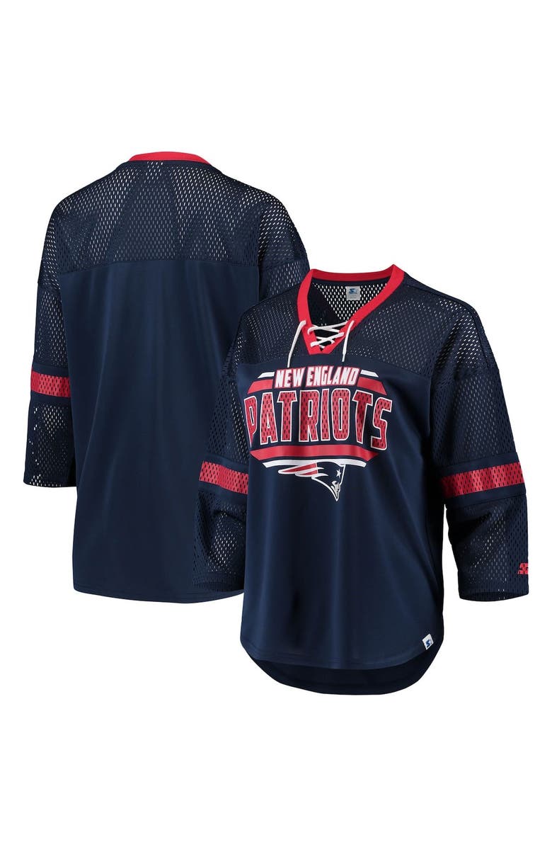 STARTER Women's Starter Navy New England Patriots Lead Game Lace-Up V-Neck 3/4-Sleeve T-Shirt, Main, color, 