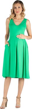 24seven Comfort Apparel Maternity Fit and Flare Sleeveless Midi Dress with Pockets