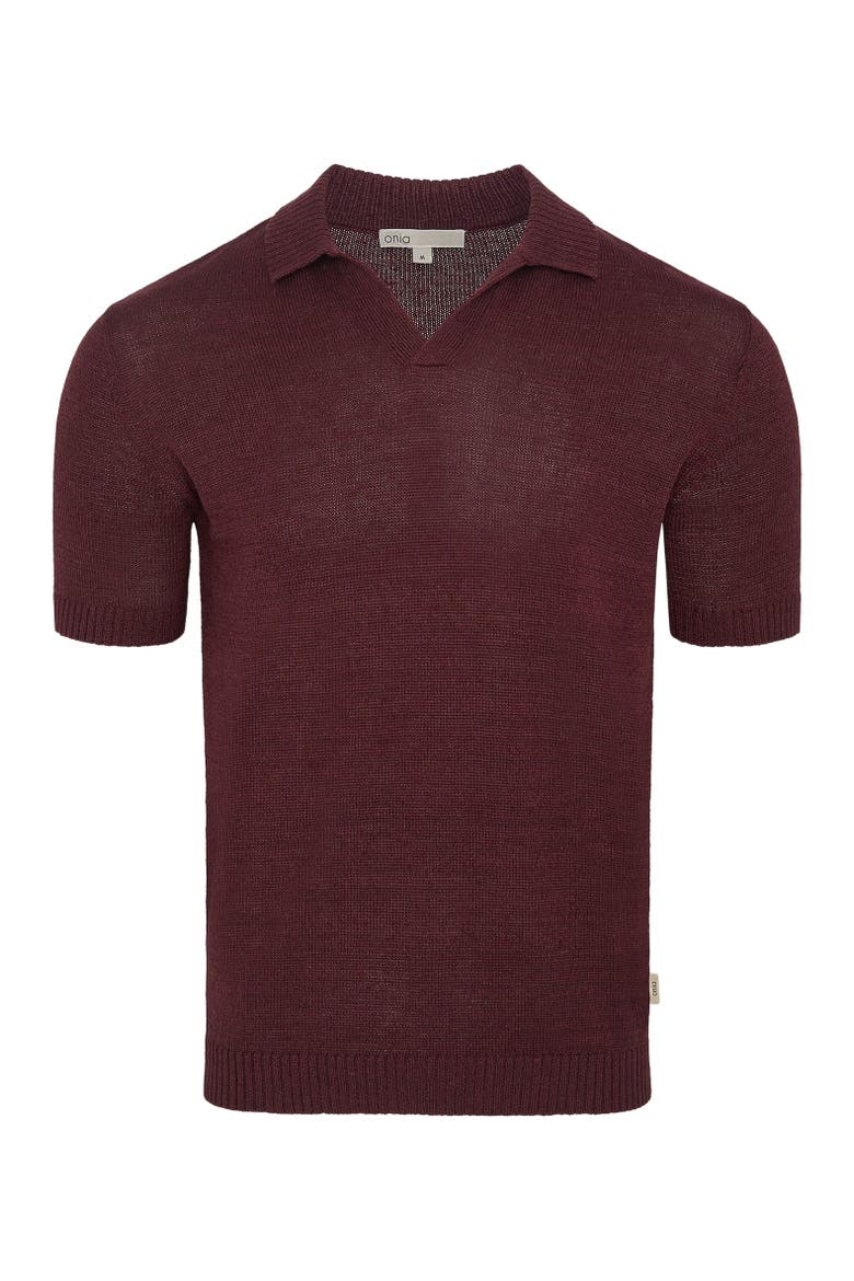 Silk and Linen Short Sleeve Johnny Polo, Alternate, color, Port Wine
