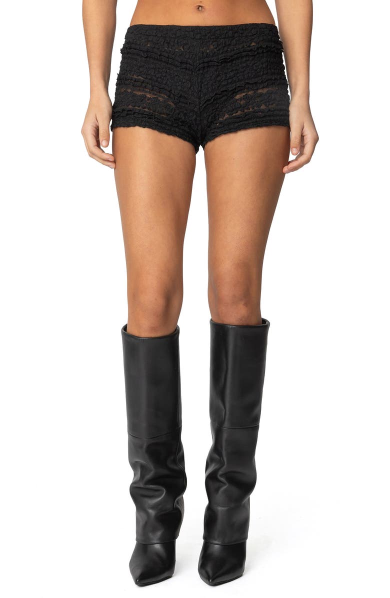 EDIKTED Maisley Sheer Lace Shorts, Main, color, Black
