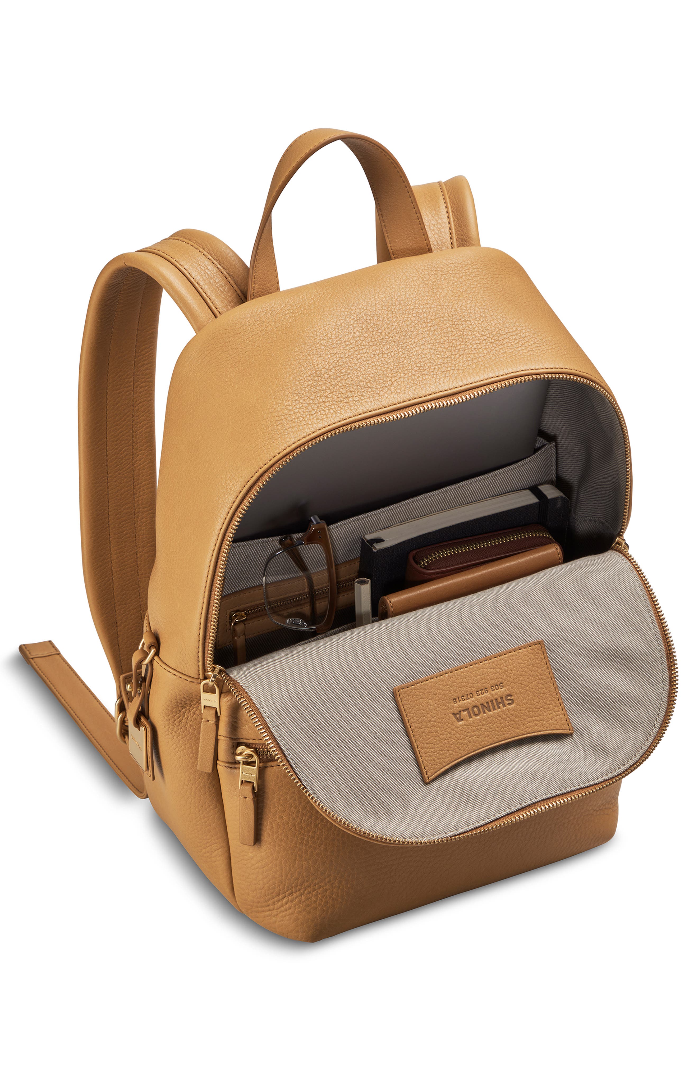 Shinola Small Runwell Leather Backpack, Alternate, color, Honey