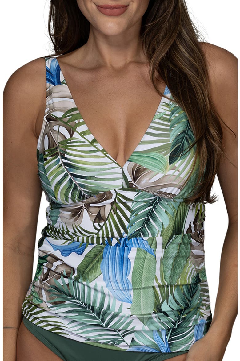 Amber V-Neck Tankini Top, Main, color, JUNGLE GLAM WHITE