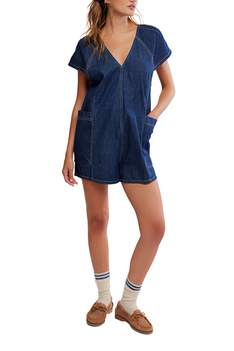 Free Fall Denim Romper, Main, color, DEEP BLUE
