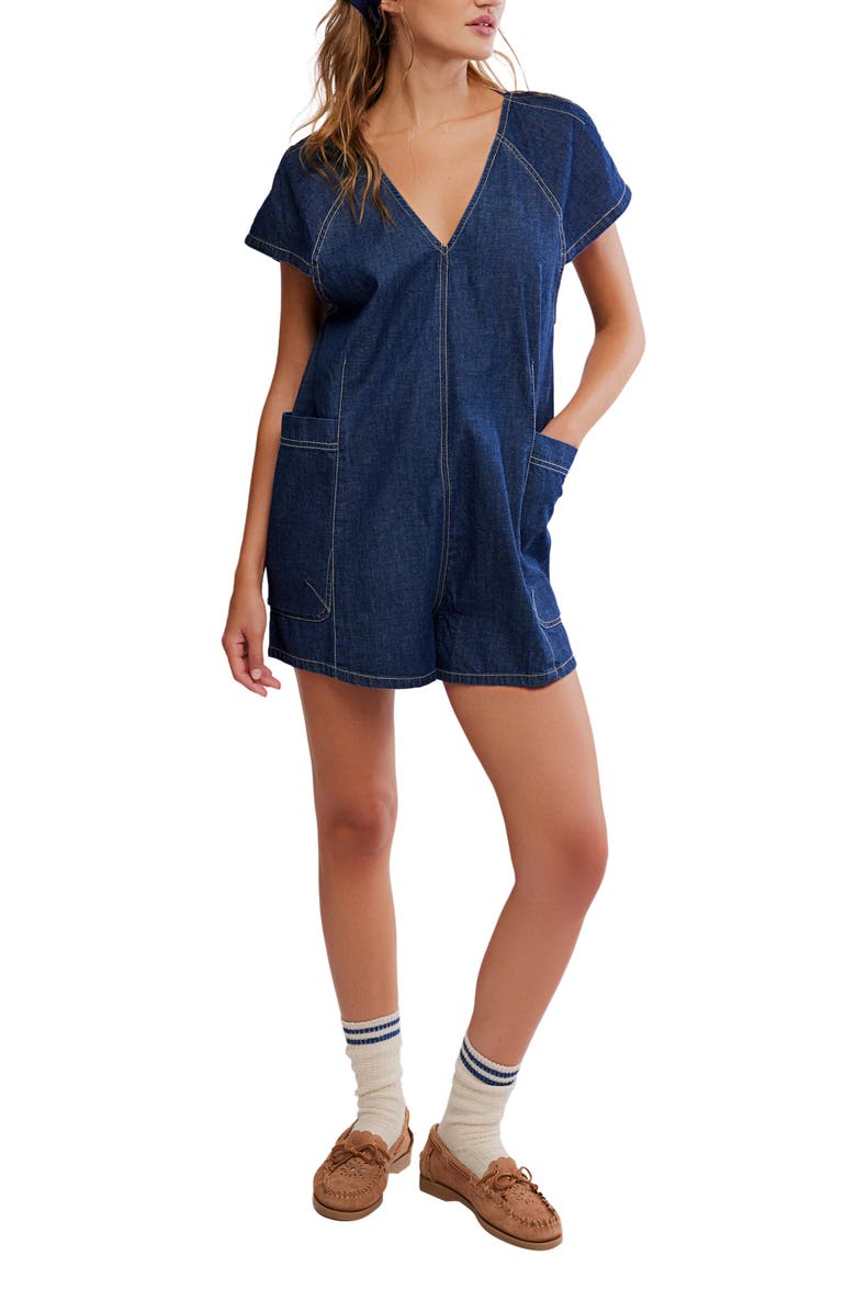 Free People Free Fall Denim Romper, Main, color, Deep Blue