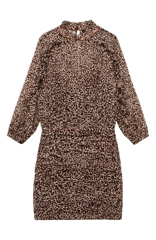 Mango Drape Ruched Three-quarter Sleeve Blouson Dress In Brown