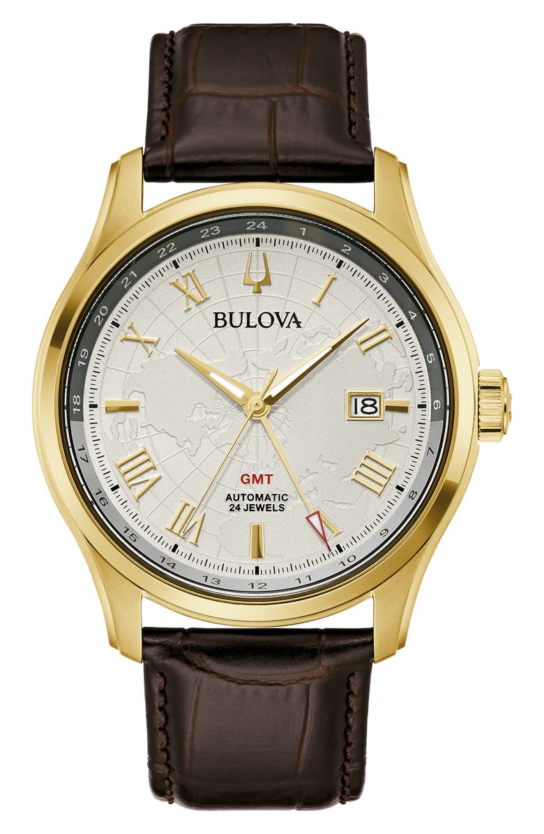 BULOVA Wilton GMT Automatic Leather Strap Watch, 43mm, Main, color,