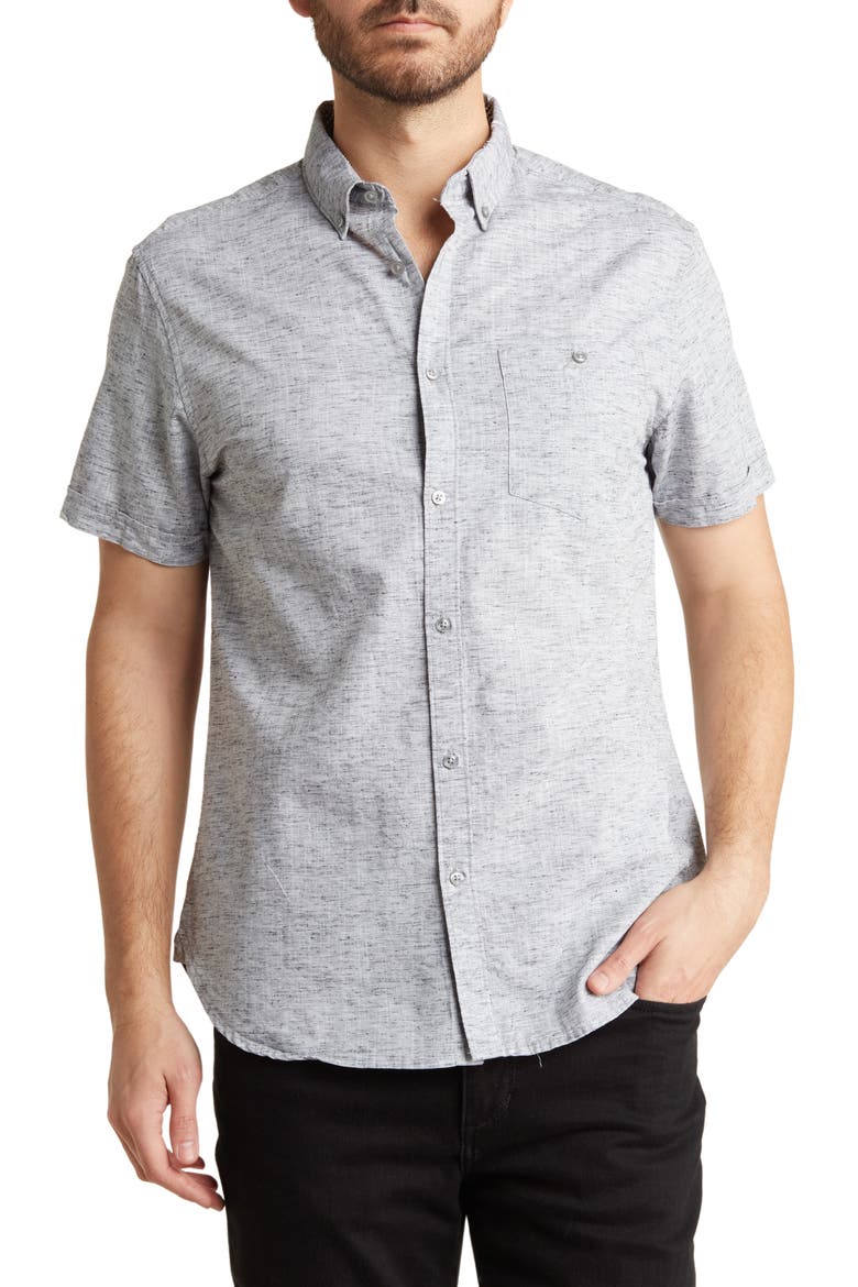 Melange Short Sleeve Button-Down Shirt, Main, color, OATMEAL