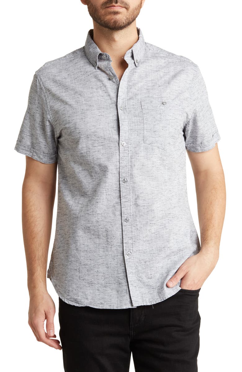 DENIM AND FLOWER Melange Short Sleeve Button-Down Shirt, Main, color, Oatmeal