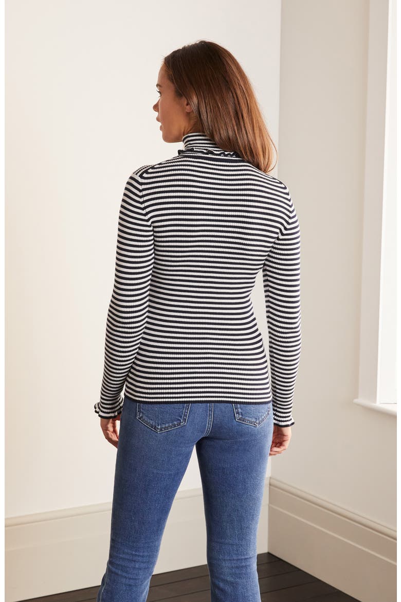 Frill Turtleneck Cotton Blend Sweater, Alternate, color, NAVY/ IVORY STRIPE