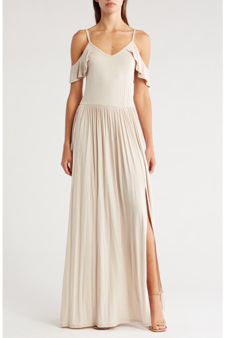 Ruffle Cold Shoulder Maxi Dress, Main, color, SAND