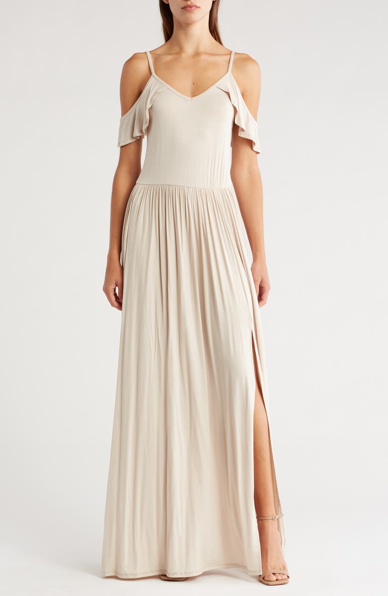 GO COUTURE Ruffle Cold Shoulder Maxi Dress, Main, color, Sand