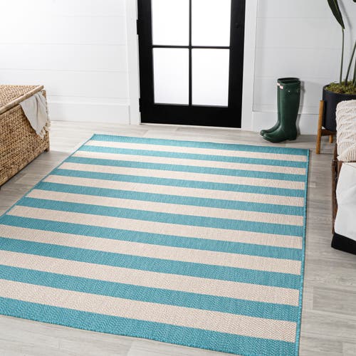 Jonathan Y Negril Two-tone Wide Stripe Indoor/outdoor Area Rug In Aqua/cream