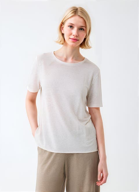 Stretch Linen Elbow Sleeve Semi Relaxed Crewneck T-Shirt